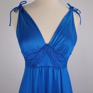 🌺 Vtg Vanity Fair Cobalt Blue Long Nightgown Negligee Lingerie Chemise Dress S